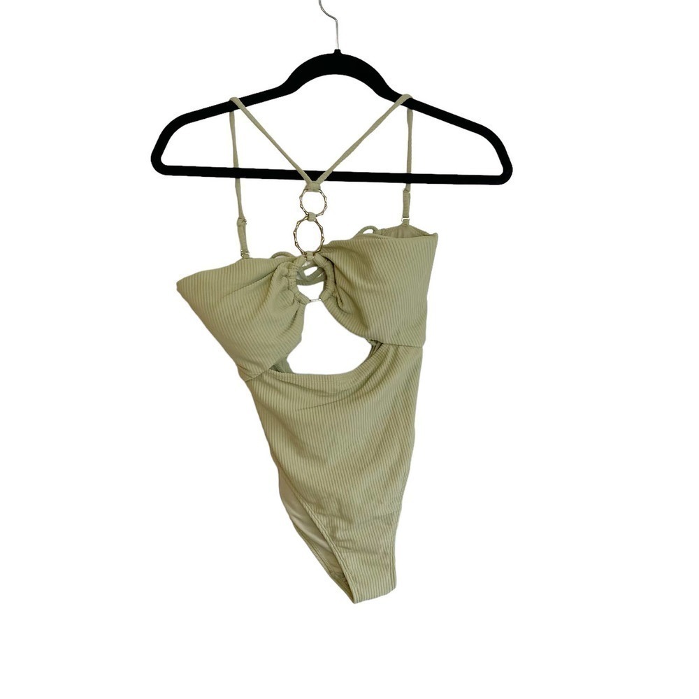 New River Island Ribbed Cut Out Swimsuit Stretch Solid Green Women's Size 8 - Picture 8 of 13